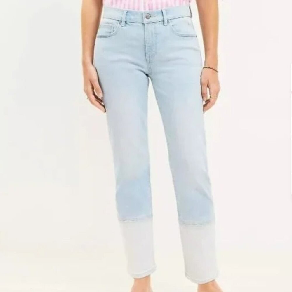 Loft Womens The Girlfriend Two Tone Hem Relaxed Jeans Size 24/00 Light Blue